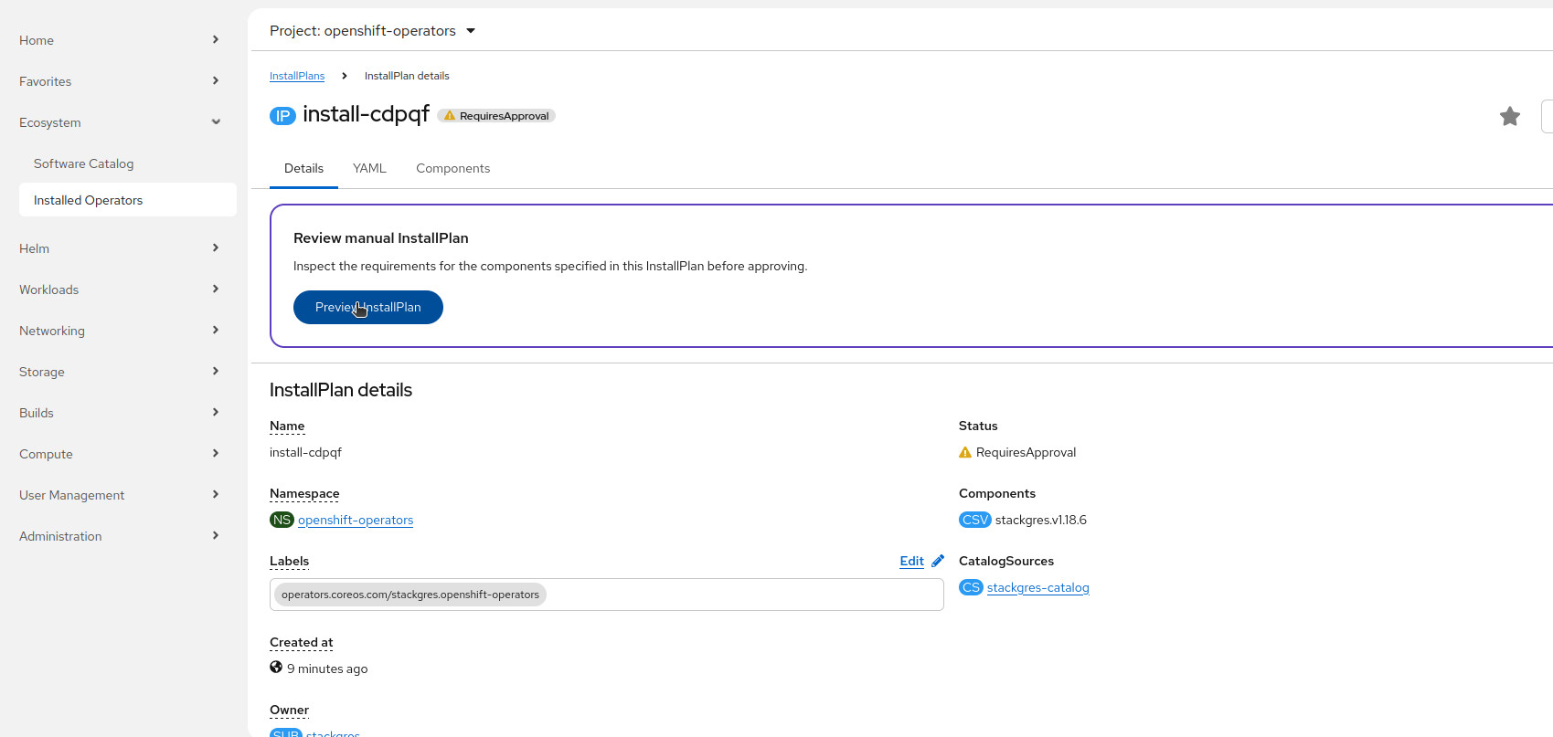 Search the StackGres Operator from the OperatorHub tab