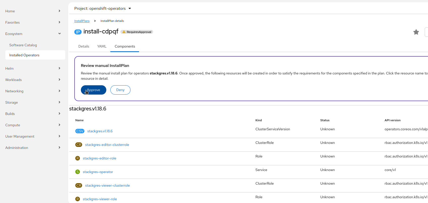 Search the StackGres Operator from the OperatorHub tab